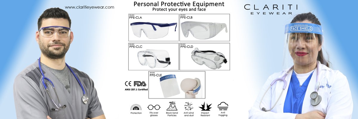 ClaritiEyes's tweet photo. Introducing #PersonalProtectiveEquipment (PPE) by #claritieyewear. Protect yourself from the spread of droplets, viruses and chemical splash. Our new PPE products are certified by the #FDA, #ANSI, #CE and #ISO. Check out our website for more information! https://t.co/W4yjS7R7TM https://t.co/kngi8gcmyw