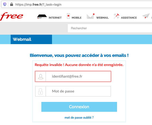 frksr's tweet photo. @free C’est moi ou impossible de se connecter via https://t.co/pBN9NopYam aujourd’hui ? Ça mouline près d’une minute au moins et paf : Requête invalide ! Aucune donnée n’a été enregistrée. https://t.co/c3k73gGBWx