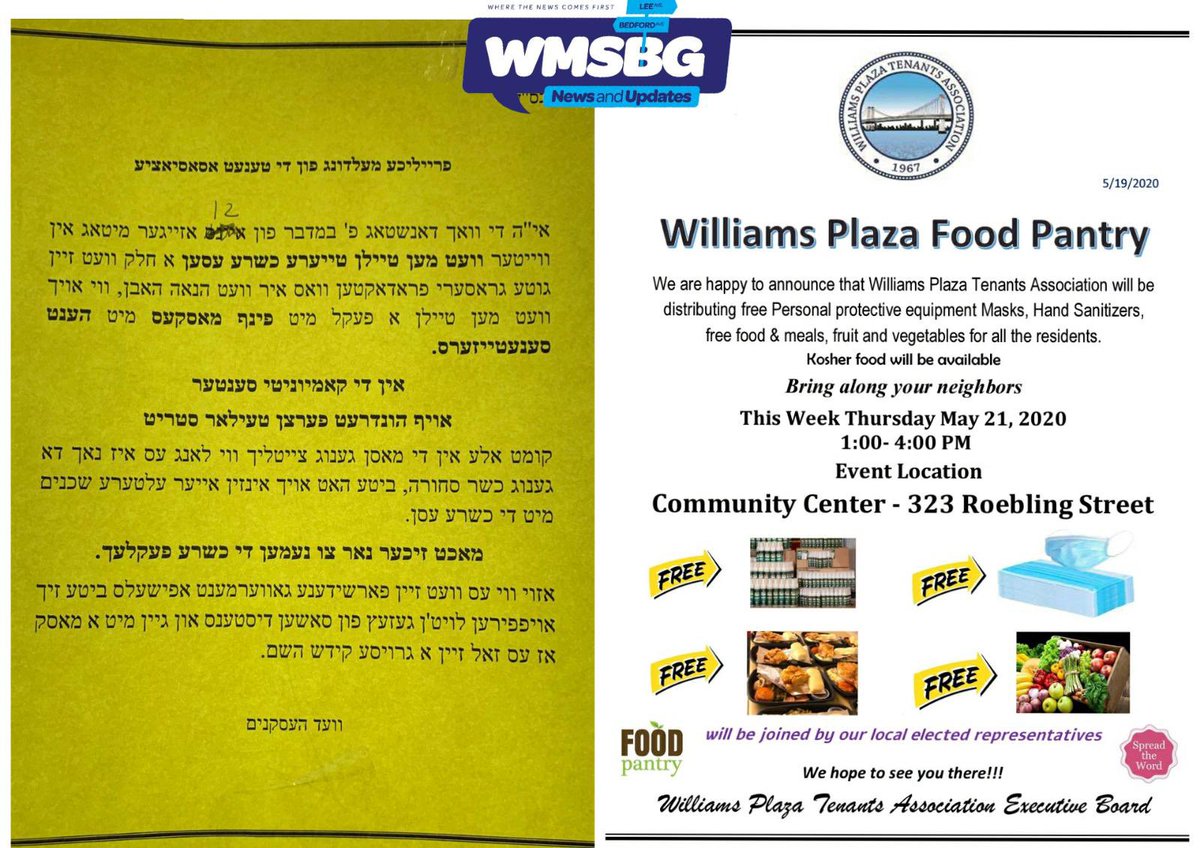 WMSBG's tweet image. Williams Plaza Tenants Association announced today they will be giving out Free kosher food &amp;amp; Meals, Fruits, Vegetables and also Free PPE stuff such as Masks and Hand Sanitizer, today 1:00pm-4:00pm at the community center of 323 Roebling St and at 114 Taylor St.