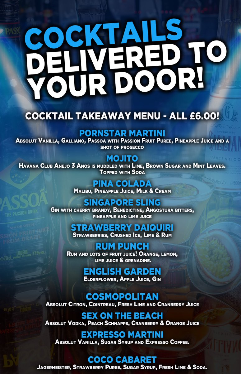 🚨 ORDER NOW FOR DELIVERY THIS WEEKEND 🍸

FREE delivery within 3 miles of SS1. All cocktails are £6*!

Send us your order 🍸, Phone number 📞 and Address! One of our team will call you to take payment and confirm the order!

VIEW OUR COCKTAIL MENU 😍
cocosouthend.com/takeaway