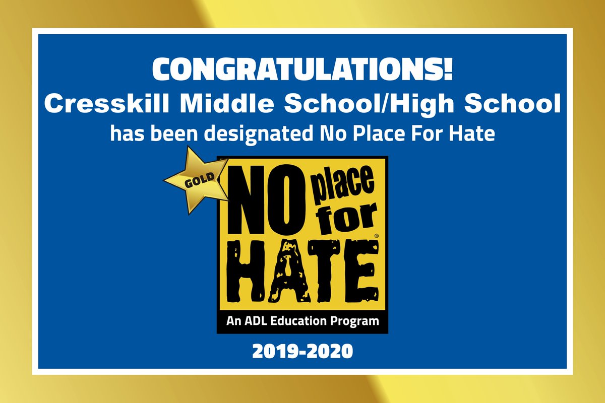 We are excited to receive this virtual banner from <a href="/ADL_NYNJ/">ADL New York / New Jersey</a> recognizing Cresskill MS/HS as a Gold No Place for Hate School!  Hopefully next year we can attend this great ceremony in person! Here is a video link celebrating No Place for Hate Schools 2020! youtube.com/watch?v=QKLLEC…