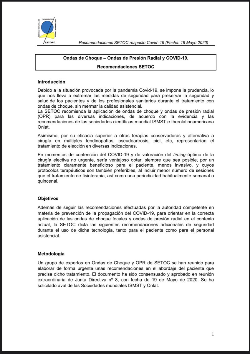 SETOCSETOC's tweet photo. Buenas tarde compañer@s, 
En esta situación de Pandemia COVID-19, queriamos compartir con vosotr@s las RECOMENDACIONES @SETOCSETOC PARA #ONDASDECHOQUE- #ONDAS DE PRESIÓN RADIAL Y #COVID (1/2) https://t.co/3s7oHLBm9S