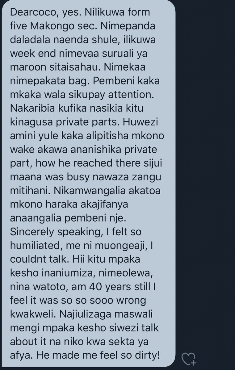  #DearCoco Nilishikwa sehemu za siri daladalani nikiwa Form 5. Nimeolewa nina miaka 40 ila bado nakumbuka hili tukio