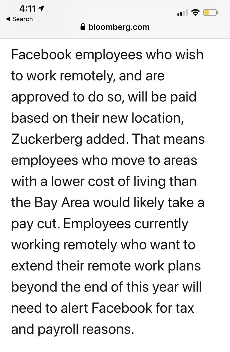 Zuckerberg is going to allow remote BUT employees do not get the gains in salary by doing so—he does.Zuck is going to REDUCE the pay of Bay Area  @facebook staff who relocate. You tell him where you live and he will adjust your salary in January 1st