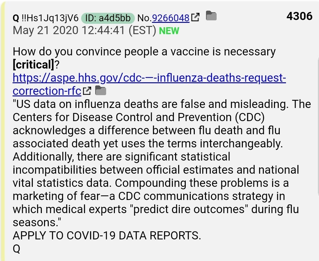 34.  #QAnon Presently 1,573,742 US  #COVID19 cases've been id'ed in the US, and 94,566 confirmed  #COVID19 deaths; 6% have died. CDC deaths per case of FLU illness range from 0.10%-0.17%. Compared to flu,  #COVID19 is >35 times more lethal/case of flu, and, also >2x more contagious.