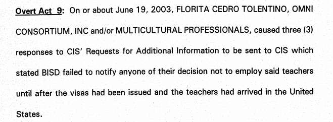 The whole case is now: school districts interviewed applicants and agreed to hire them, but they say they backed out and the Tolentinos didn't withdraw the H1-B applications.BTW, this claim conveniently gets the districts off the hook for paying to send the teachers back. /10