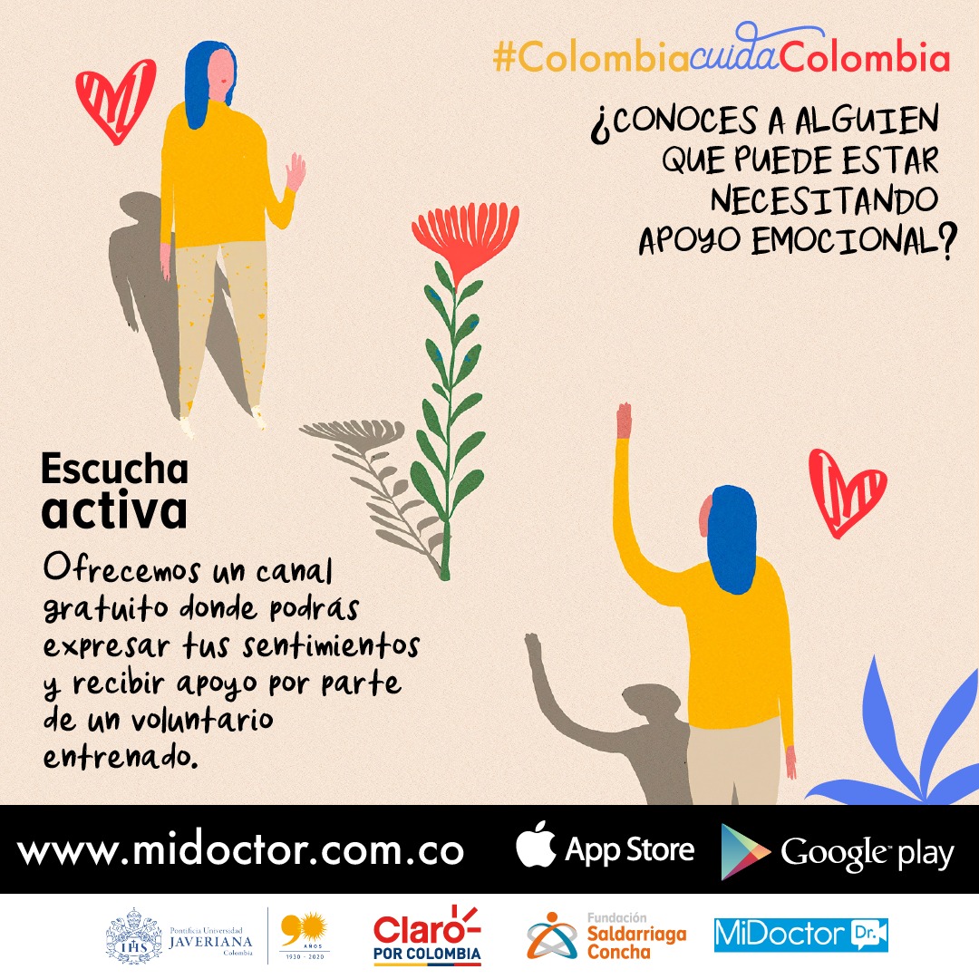 SaldarriagaConc's tweet image. #ColombiaCuidaColombia Si conoces a alguien que necesite apoyo emocional, dile que solicite #EscuchaActiva en ow.ly/8nNM50zMRhj, un canal gratuito donde podrá expresar sus emociones y recibir apoyo de un profesional entrenado.