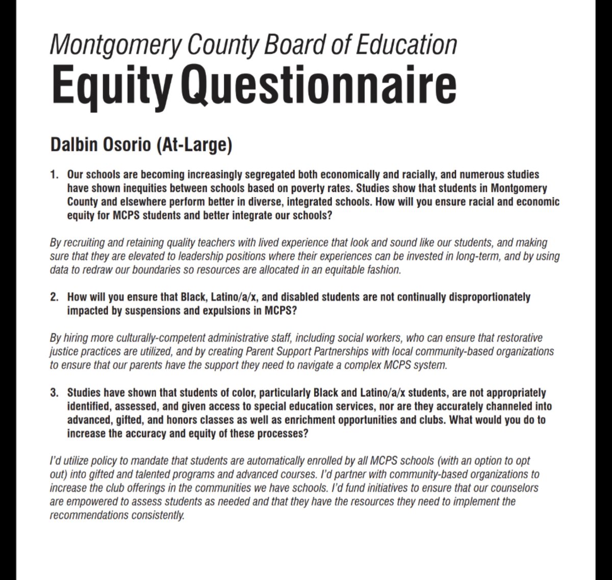 Here are some recent answers and a comparison chart for how  @DA_Osorio scores on issues of equity: