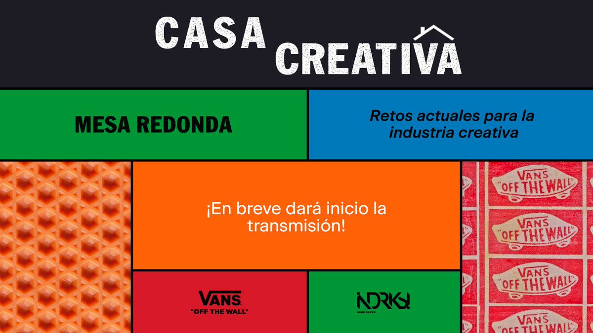 indierocks's tweet photo. En la tercera y última mesa de #CasaCreativa, tres ponentes de las áreas de la moda, el espectáculo y el marketing hablarán sobre los retos creativos que han enfrentado durante esta pandemia y cómo los han superado. https://t.co/0ICdIKl5fQ 🌟

Proyecto apoyado por @vans_mx https://t.co/dwOj6hcjbK