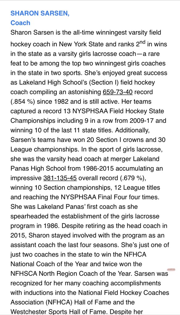 CoachBelfi's tweet photo. Very exciting news today! Congratulations to our very own @lakelandfh Head Coach, Sharon Sarsen, on being announced as an inductee into the Class of 2020 @NYSPHSAA Hall of Fame! To say this is well deserved is an understatement. Truly a remarkable achievement! @highroader https://t.co/Fr8tMProfK