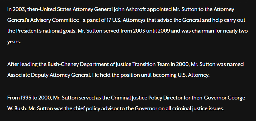 The case was brought in the Western District of Texas in 2004. Here's the bio for the guy who was US Attorney throughout the case, a top advisor to GW Bush going back to 1995. Now he's at John Ashcroft's firm doing "internal investigations" and "white-collar criminal defense." /2