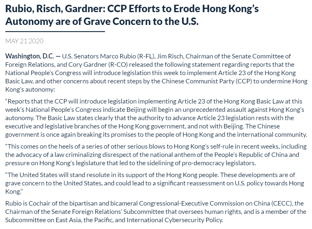SenMarcoRubio's tweet photo. Sen. Rubio, @SenatorRisch, and @SenCoryGardner released the following statement regarding reports that the National People’s Congress will introduce legislation this week to implement Article 23 of the Hong Kong Basic Law.

Read more here🔽
https://t.co/6yhN1tMkgF https://t.co/a1XPYhPkbO