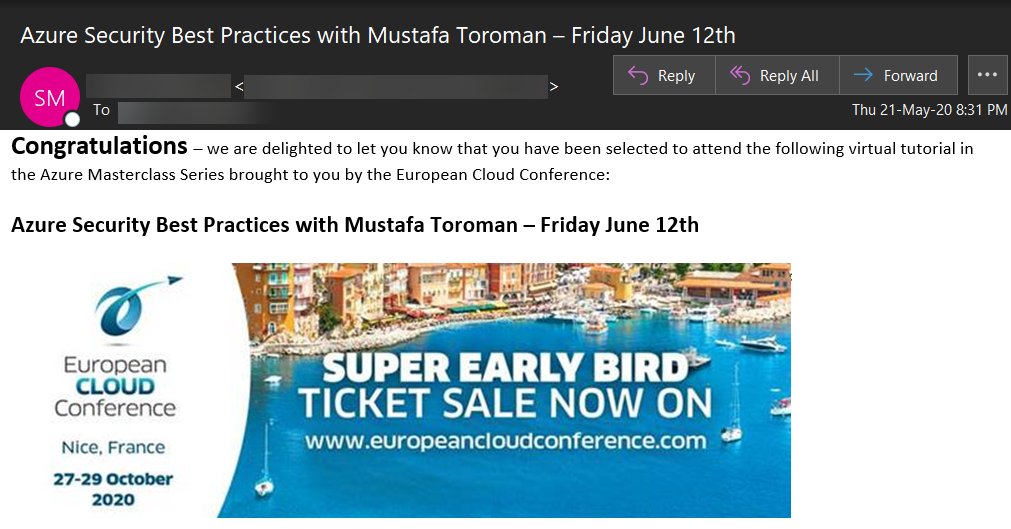 CHARBELNEMNOM's tweet photo. BOOM!!! I am so happy and grateful now that I have been selected by @EuroCloudConf to attend the #AzureSecurity Best Practices Level 400 with @toromust - Looking forward to it. #AzureMasterClass #Security #CloudSecurity https://t.co/aHV2H5JbBQ