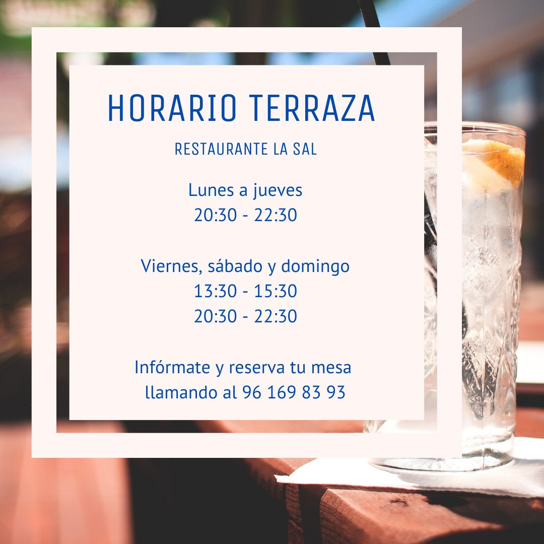 ¡Venimos con novedades!😎
Este es nuestro nuevo horario de terraza.
Además, si lo que prefieres es comer en casa, podemos preparar tu paella🥘 
Infórmate y reserva tu mesa llamando al 📞 96 169 83 93
#takeaway #adhochoteles #adhocparque #restaurantelasal #restaurantevalencia