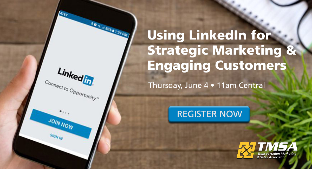 TMSAtoday's tweet photo. Learn how to strengthen your LinkedIn presence, and transform your brand and messaging into a robust, lead generating machine in this fastest growing B2B social channel. Register today: https://t.co/vcdTrSg6Ov 

#TMSAwebinar #TransportationMarketing #LogisticsMarketing https://t.co/AH3aTBuBme