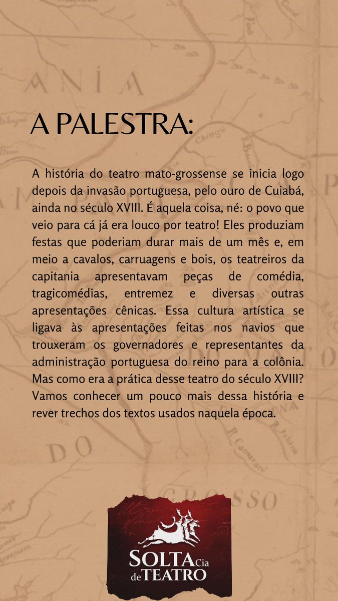 TalitaFigueir19's tweet photo. É AMANHÃ!
Palestra: Conhecendo o teatro em Mato Grosso (séc. XVIII)
Com o ator e historiador Benone Lopes, da Solta Cia de Teatro.
Sexta (22/05) - às 16h no YouTube da Solta Cia de Teatro.

Esta palestra faz parte da programação do #FestivalCulturaEmCasa #SecelMT #CulturaConecta https://t.co/2xaHYGcxrK