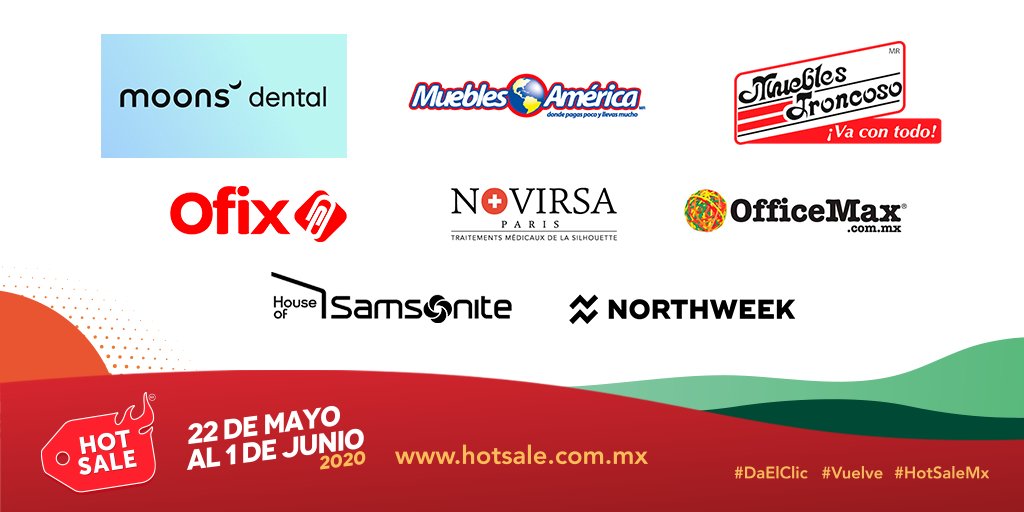 ¿Quién ya quiere que inicie #HotSaleMX? ¡Grandes marcas te esperan! @welovemoons @mueblesamerica @tiendastroncoso, @NorthweekMX @novirsamx @OfficeMax_mx, @ofixenlinea @MiSamsonite. #DaElClic en hotsale.com.mx y #QuédateEnCasa.