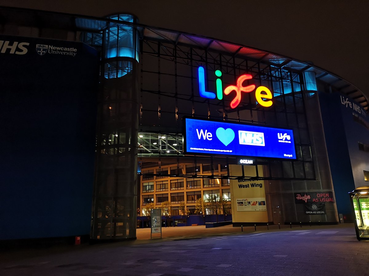 scienceatlife's tweet photo. Life is home to two NHS clinics that do amazing work.  As a thank you to the NHS staff onsite and across the country, our towers have a blue glow and our digital screens share a message of gratitude and solidarity #ClapForOurCarers #LightItBlue 💙 https://t.co/7xtpXY9I8i