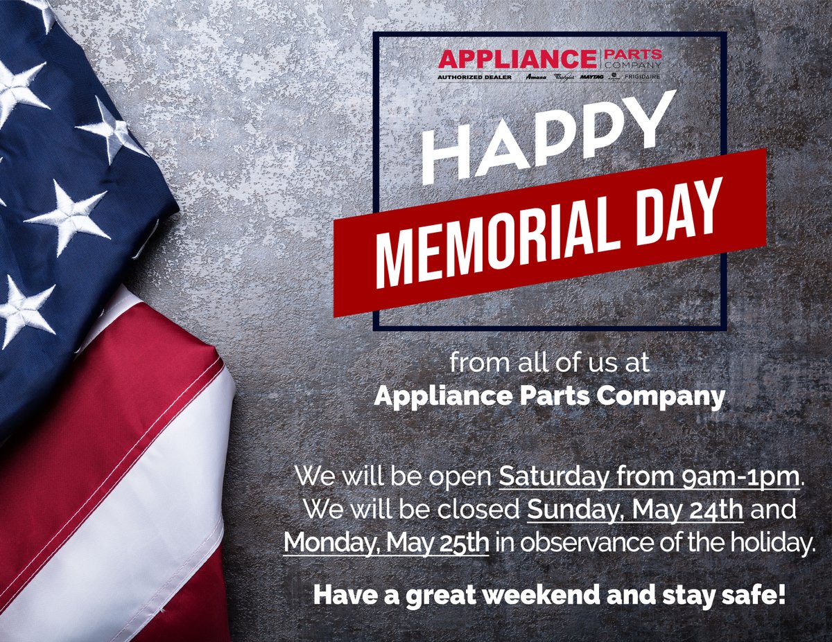 PartsPass's tweet photo. Happy Memorial Day!
.
We will be open Saturday from 9am-1pm.
We will be closed Sunday, May 24th and Monday, May 25th in observance of the holiday. 
.
Have a great weekend and stay safe! https://t.co/dHVZ6SnICz