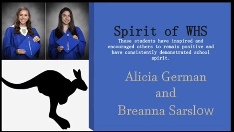 RooCounselors's tweet photo. Congratulations to our Spirit of WHS 2020 award winners Alicia German and Breanna Sarslow! #RooPride 💙 https://t.co/bGm1uBjxXX