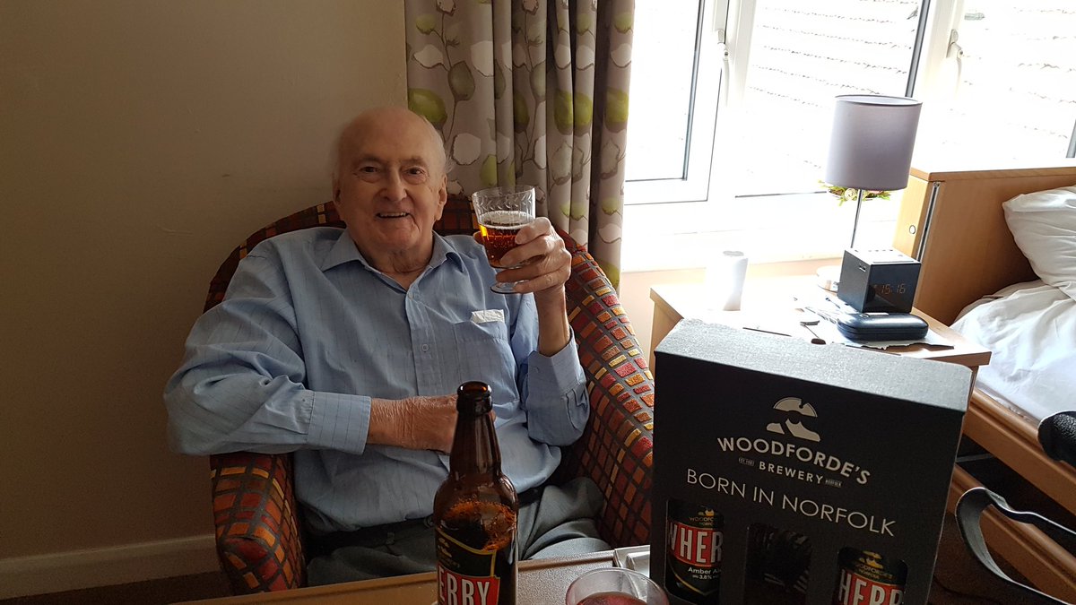 St_Onehinge's tweet photo. My Dad, beat TB, beat https://t.co/DXiEkRECuj, turned 90, beat the virus. Cheers. Made in Norfolk. Thank you  Brooklands Care Home and Woodfordes Brewery https://t.co/s9HPDE3g9e