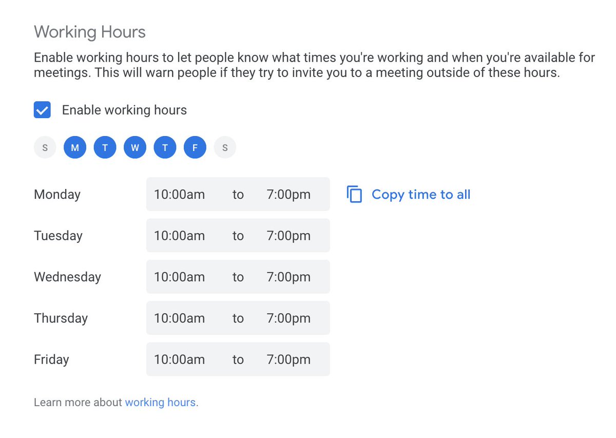 milanmoffatt's tweet photo. Did you know: you can set up working hours in GCal ๐ก #remotetip https://t.co/hLQgMNnBbA