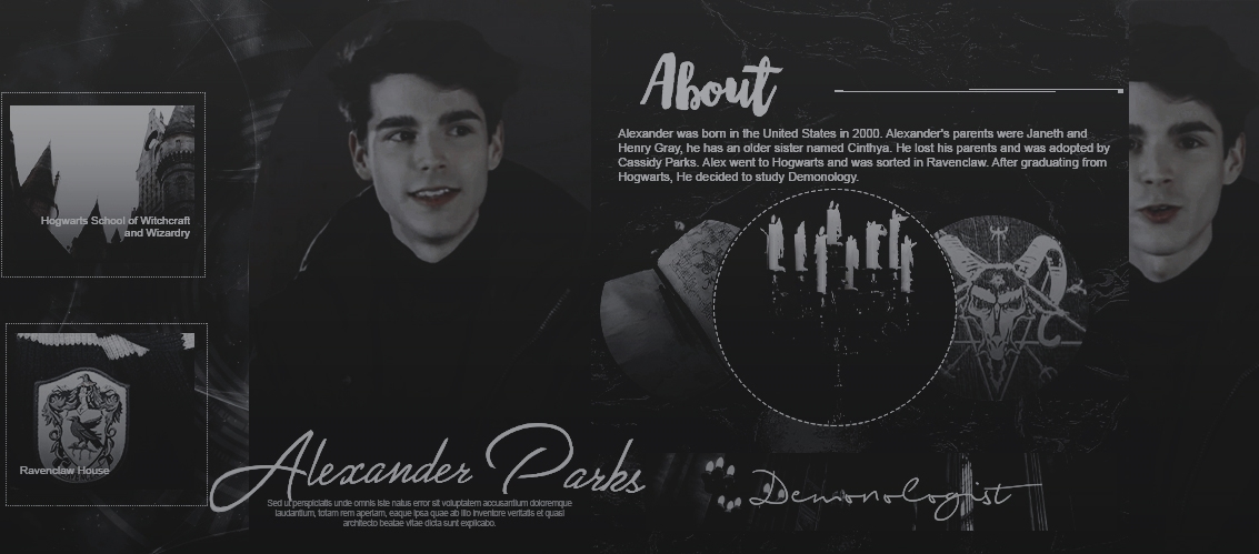 ⠀❛ ──── ⋮ ❱❭ 𝐀𝐋𝐄𝐗𝐀𝐍𝐃𝐄𝐑 𝐏𝐀𝐑𝐊𝐒.
⠀⠀⠀⠀⠀
⠀⠀۰. : ░ ⛧ ᴇx-ʀᴀᴠᴇɴᴄʟᴀᴡ｡
⠀⠀⠀۰. : ░ ⛧ ᴅᴇᴍᴏɴᴏʟᴏɢɪsᴛ ﹠ 𝖓𝖊𝖈𝖗𝖔𝖒𝖆𝖓𝖈𝖊𝖗 ᴀʀᴛ｡
⠀⠀⠀⠀۰. : ░ ⛧ ᴍᴇᴅɪᴜᴍsʜɪᴘ｡

ㅤㅤㅤㅤ╰ 𝐫𝐭 + 𝐟𝐚𝐯.