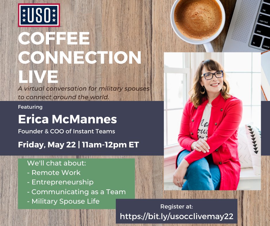 Please join the USO and Instant Teams founder Erica McMannes for a military spouse coffee connection tomorrow (May 22) at 11 a.m. ET. We can't wait to connect with military spouses around the world! 
Register here: bit.ly/usocclivemay22