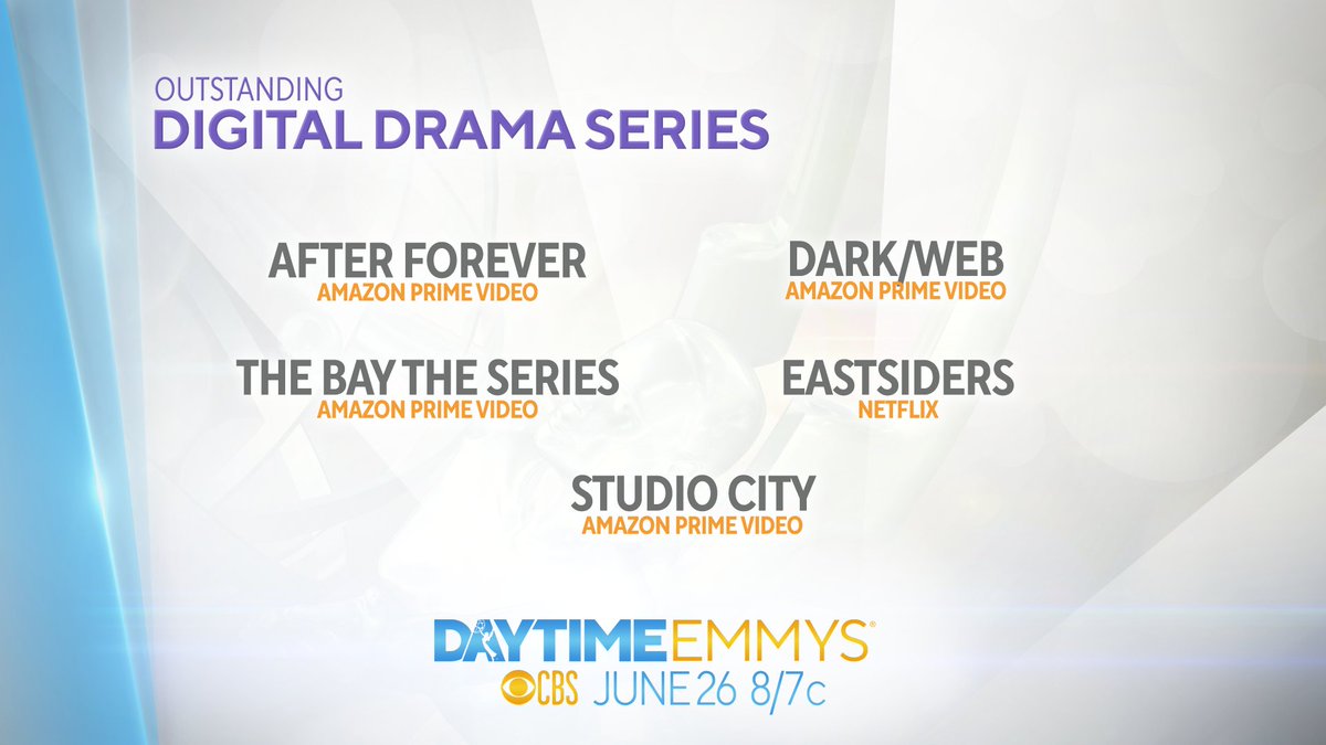 The #DaytimeEmmys nominees in DIGITAL DRAMA are...
After Forever │ <a href="/AFtheSeries/">AFTER FOREVER the series</a> <a href="/PrimeVideo/">Prime Video</a>
The Bay the Series │ <a href="/TheBaytheSeries/">The Bay the Series</a> <a href="/PrimeVideo/">Prime Video</a>
DARK/WEB │<a href="/DarkWebShow/">Dark/Web</a> <a href="/AppleTV/">Apple TV</a>
Eastsiders │ <a href="/EastSidersTV/">EastSidersTheSeries</a> @Netflix
Studio City │<a href="/studiocity_show/">STUDIO CITY show</a> <a href="/PrimeVideo/">Prime Video</a>
