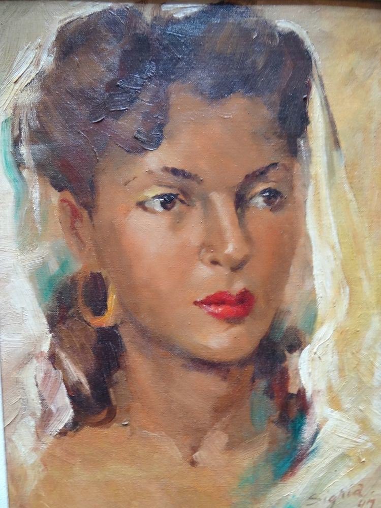 Sigrid Gurie was cast as Inès. She made several films in Hollywood and was also noted as an artist. Her self-portrait is below.