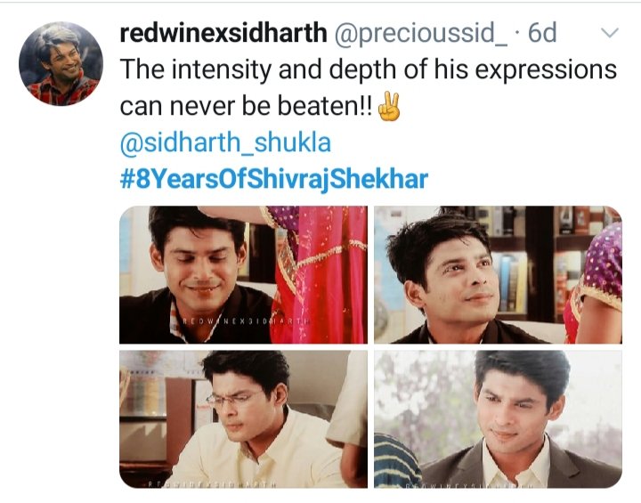  @sidharth_shukla The expression king!! The actor whose eyes are ocean of emotions!! Whose cuteness and heart melting smile have won millions of heart!! Whose aura is unmatchable!! And he as  #ShivrajShekhar has depicted all these qualities which lead him to win our hearts!!