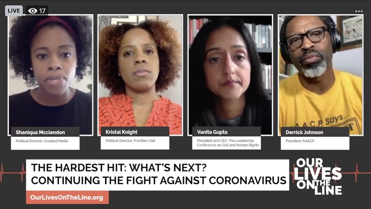 Screenshot of Facebook Live event, which shows four speakers including Vanita Gupta.