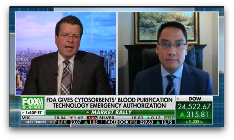 RubensteinPR's tweet photo. @CytoSorbents #CEO Dr. Phillip Chan on @FoxBusiness #TV yesterday with Neil Cavuto, discussing CytoSorb's role in treating cytokine storm in #COVID19-infected patients, blood thinner removal during #emergency cardiac #surgery, & the company's recent record earnings. #rubensteinPR https://t.co/3z4xdFIr6T