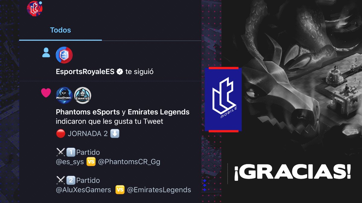 !Muchas Gracias por el follow! <a href="/EsportsRoyaleES/">Esports Royale ES</a> 

Orgullosos de estar en la mira de la máxima competición de <a href="/ClashRoyale/">Clash Royale</a> 

Ahora toca continuar trabajando para seguir trayéndoles a ustedes el mejor contenido de Clash Royale del país.

#LTM
