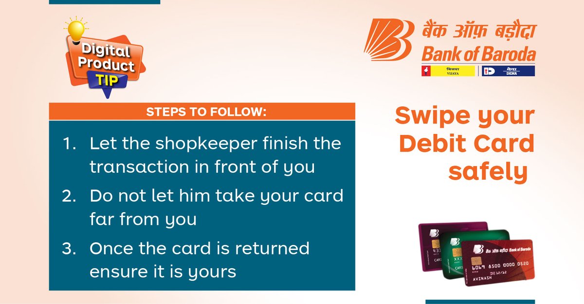 Enjoy faster and safer shopping when you shop using your #BankofBaroda Debit Cards. Keep the #DigitalProductTip in mind when you swipe your card next time. #GoDigital #StaySafeBankSafe