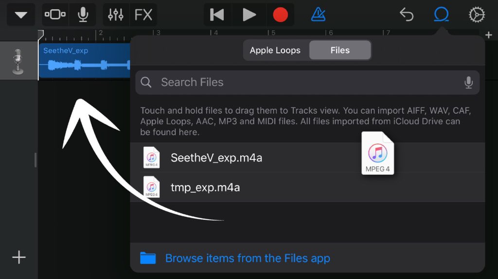 9. Select ‘Files’ and pick out the audio that you extracted. You should see it if you placed in in the ‘GarageBand File Transfer’ earlier.10. Hold down the document icon and drag it on to the main screen (see photo).