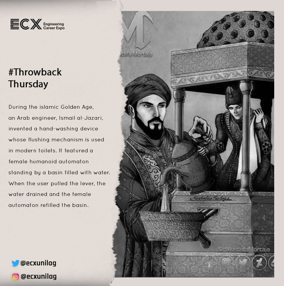 engcareerexpo's tweet photo. Did you know?
Arab engineer, Ismail al-Jazari, invented a flushing mechanism still used in today's toilet. 😱 .
#DidYouKnow
#ThrowbackThursday #ecxThrowbackThursday #throwback #techhistory
#ecxunilag #engineeringcareerexpo
#StaySafe #covid19 https://t.co/vZDNdkXNQX