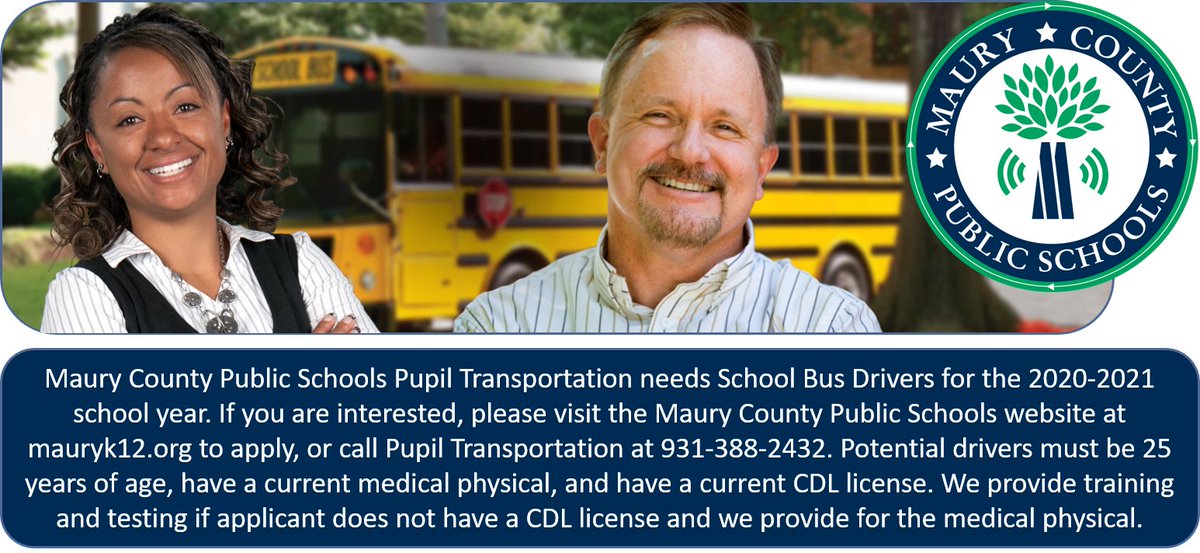 MauryCoSchools's tweet photo. Looking for a great job with MCPS? Bus Drivers Needed! @SpringHillFresh @thedailyherald @Columbia_TN @ColumbiaTNUSA @MauryCoSchools @Moore4D5 @TNedu @Parents4MCPS @cjmarczak @Champion4Chldrn @CepickyTn64 @WKRMRadio #growmaury #BuzzWorthy #mcpskeys https://t.co/RpYVovMyFL