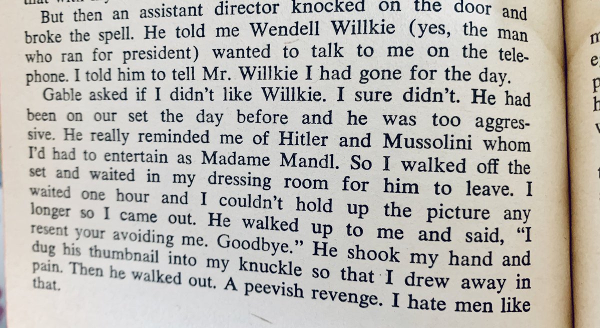 At the wrap party, Hedy stayed in her dressing room alone, until Clark Gable stopped by to give her advice on the business and gave her a foot rub. Then a knock at the door. I enjoy knowing who the shit heels are.