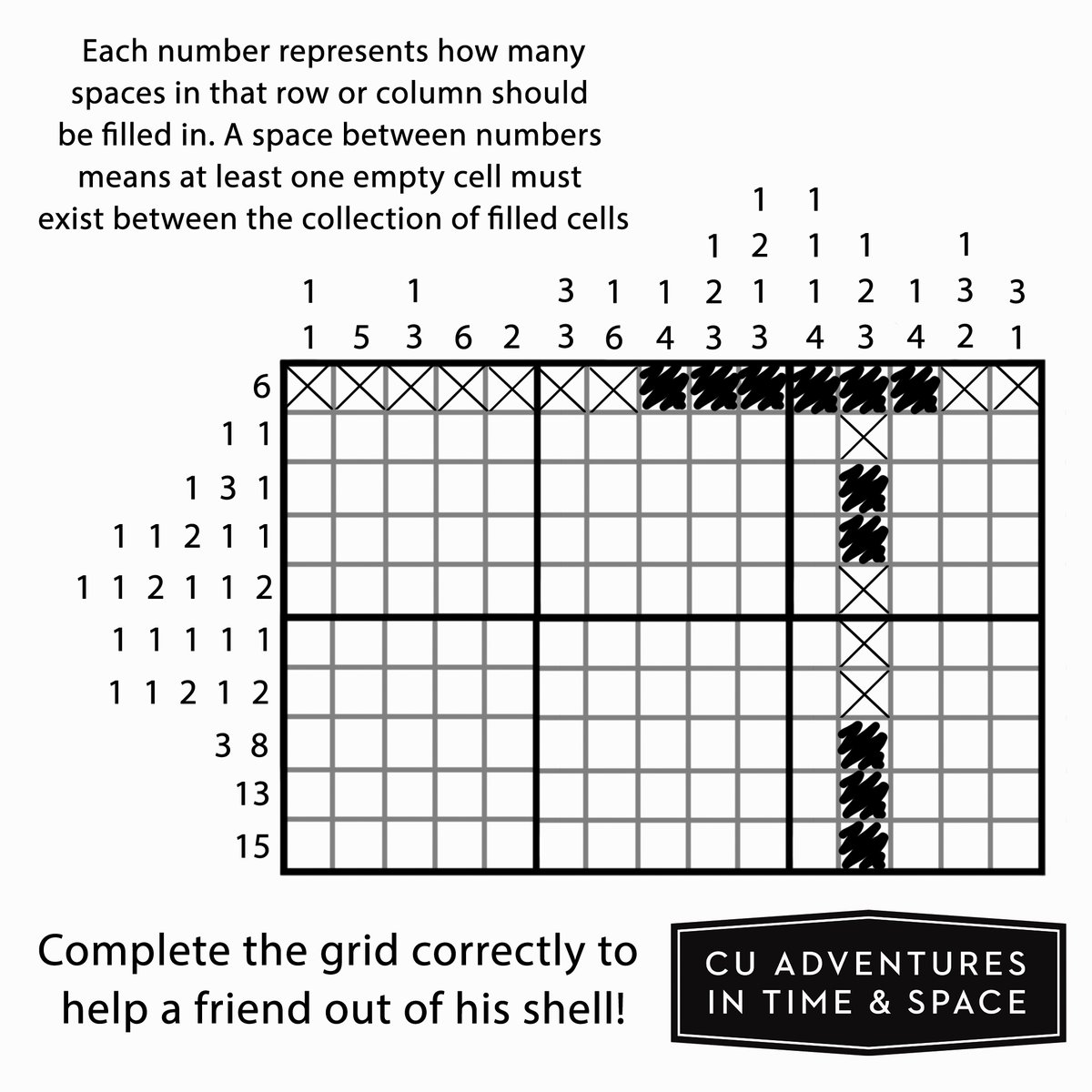 cu_adventures's tweet photo. Say yes yes to a nonogram!
We also included a printer friendly version if you're printing these out!
#puzzle19 #TimeInYourSpace #puzzleoftheday https://t.co/wa5pMUyPXk
