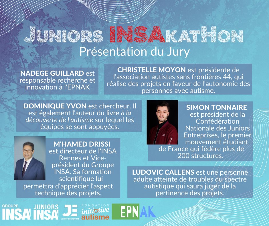 Le #JuniorsINSAkatHon commence demain ! 🚀

Suivez le live sur le site web de l'événement : ouest-insa.fr/juniors-insaka…

Voici le Jury qui évaluera les projets de nos 5 équipes.

Merci à <a href="/groupeinsa/">Groupe INSA</a>, <a href="/cnje/">Junior-Entreprises</a>, <a href="/FIAutisme/">F-InitiativeAutisme</a>