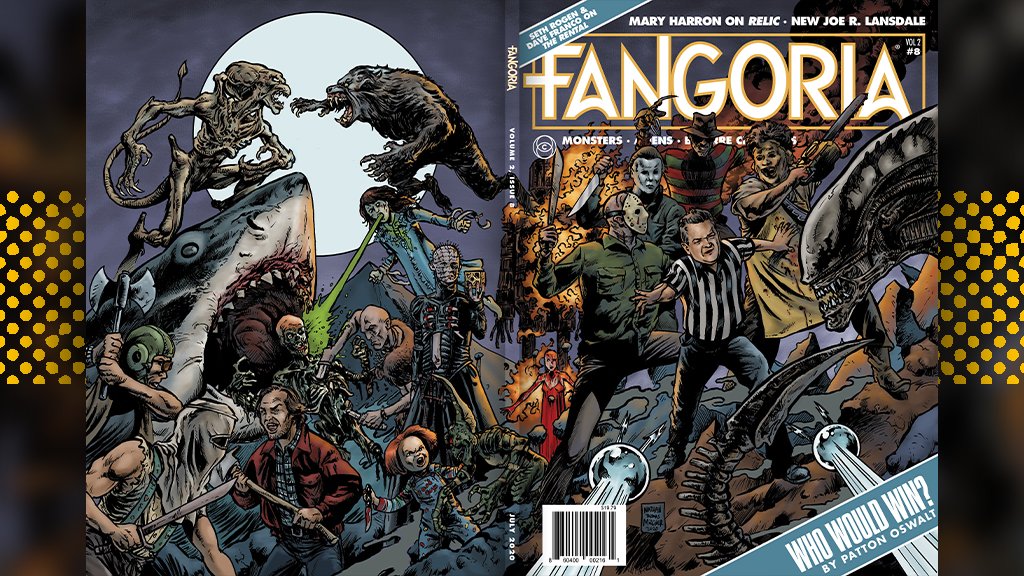 FANGORIA's tweet photo. We're excited to share the rad cover of our July issue, FANGORIA #8, featuring a cover story from the incredible @PattonOswalt and art from @NathanMilliner.

For a very limited time, use the promo code "WHOWOULDWIN" to get 25% off your first year of Fango: https://t.co/rf2PrK9YVE https://t.co/XUbep2AKnO