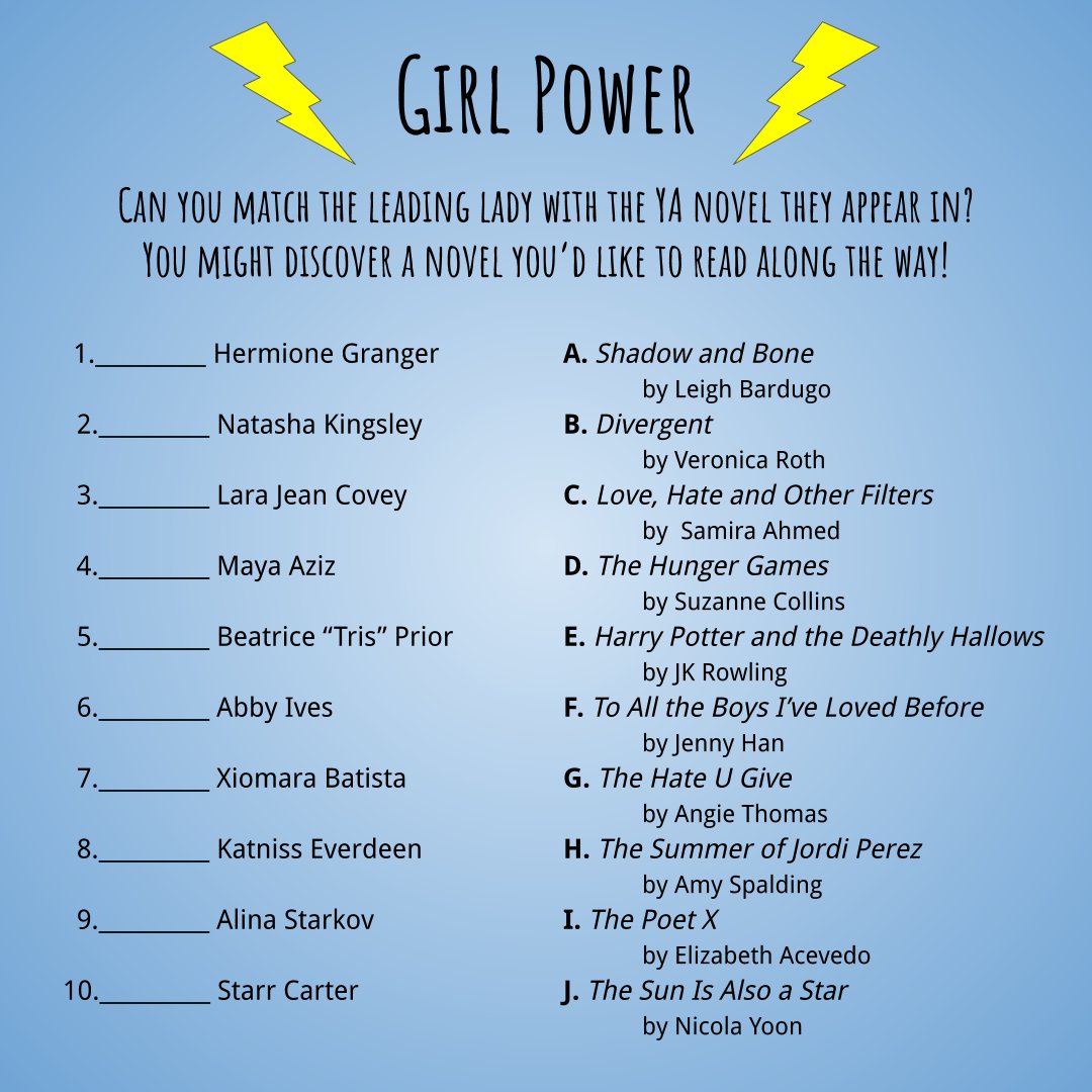 UDLibs's tweet photo. Think you know your leading ladies? Check out this YA character matching game! Answers are buried in the comments--no cheating! How many of these books have you read?
#uddigital #matching #bookish #heroines #instabooks #library #libraryactivity #virtualactivities #virtualgame https://t.co/B14WVUlTEo