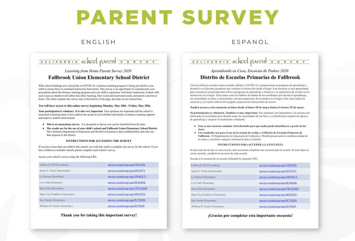 We want to hear from you!

Please complete this short survey to help FUESD schools best address the needs of your children and family, enhance learning support, and improve student achievement.

Click Here: buff.ly/3bVtmZk