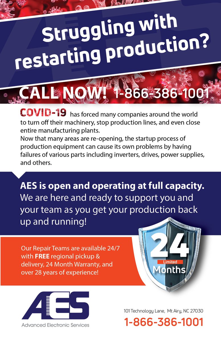 AES_INC1992's tweet photo. Reopening your plant can present challenges. If you are experiencing equipment failures, we can help! Call us today to schedule a FREE pickup and we can repair your equipment for half the cost of buying new! #reopenamerica #restartingproduction #repairs #TeamAES https://t.co/Z2uR2MYfyA