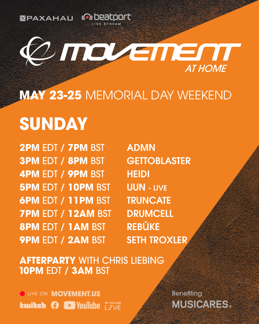 MovementDetroit's tweet image. Your Movement At Home set times &amp;amp; afterparties are here! Tune in at movement.us, follow/subscribe to our Twitch, YouTube &amp;amp; Mixcloud channels📲
#MovementDetroit #MovementAtHome
⟶ twitch.tv/paxahau
⟶ youtube.com/movementdetroit
⟶ mixcloud.com/paxahau/