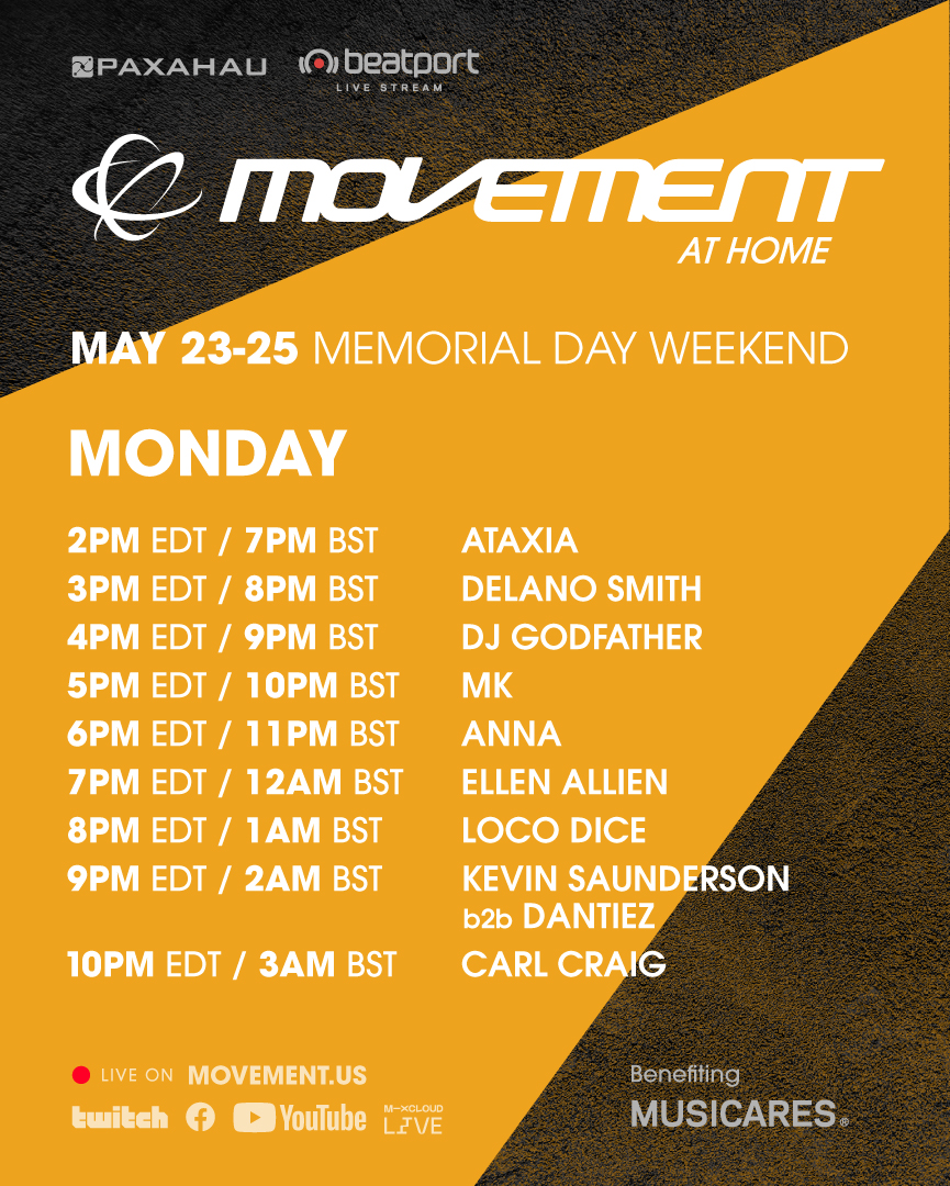 MovementDetroit's tweet image. Your Movement At Home set times &amp;amp; afterparties are here! Tune in at movement.us, follow/subscribe to our Twitch, YouTube &amp;amp; Mixcloud channels📲
#MovementDetroit #MovementAtHome
⟶ twitch.tv/paxahau
⟶ youtube.com/movementdetroit
⟶ mixcloud.com/paxahau/