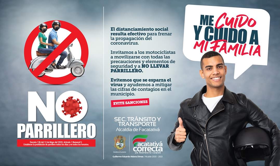 AlFacatativa's tweet photo. #Salud ⛔ || Recuerde: el parrillero en motocicleta está prohibido todos los días y en todos los horarios en Facatativá, según Decreto 136 del 12 de Mayo del 2020. Cuide su salud, evite la propagación del Coronavirus #FacatativáCorrectaUnPropósitoComún https://t.co/qTr5TFtG4c