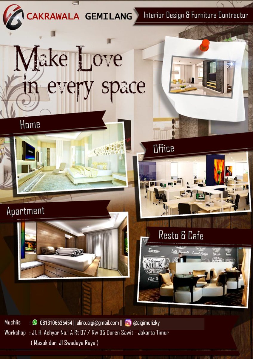 ^Bosan dengan interior design rumah? 
^Mau merubah design dengan semua perlengkapan dan Aksesoris ? 
^Butuh jasa design interior sekaligus segala equipmentnya untuk Cafe, Office dll ?
Nah...!!! segera hub kami di no yang tertera pada Flayer.. kepuasan Anda kami jaga.