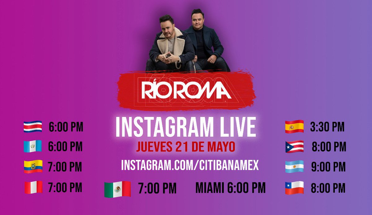 RioRomaclubaca's tweet photo. No se pueden perder el live de @RioRomamx a las 7pm hr de México por la cuenta de #Citybanamex en Instagram!! Ya queremos verlos @JoseLuis_Roma @Raul_Roma ❤ estamos list@s para #OirAmor https://t.co/MPANan6W2r